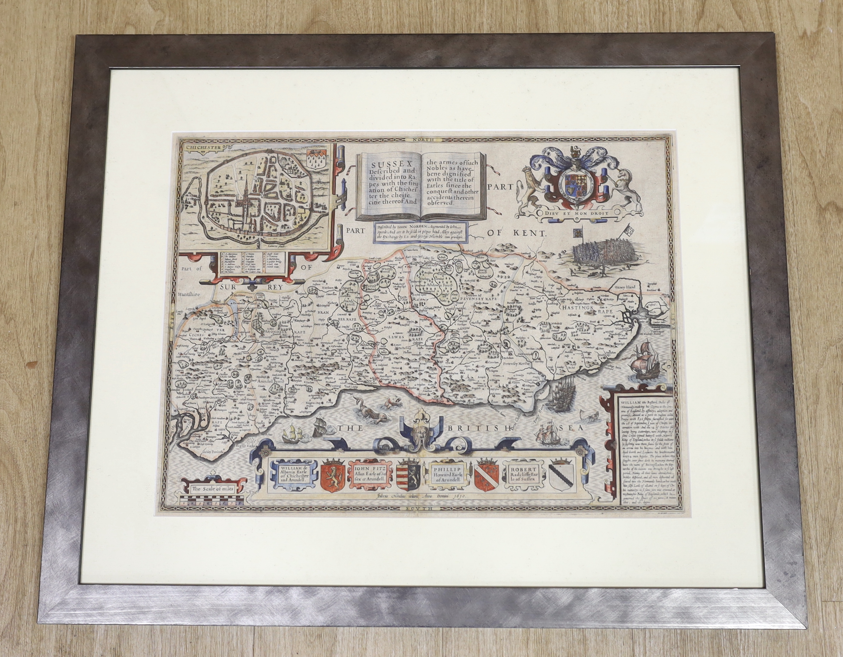 John Norden (1546-1625), hand coloured map of Sussex, sold by John Sudbury and George Humble, text verso, 39 x 51cm